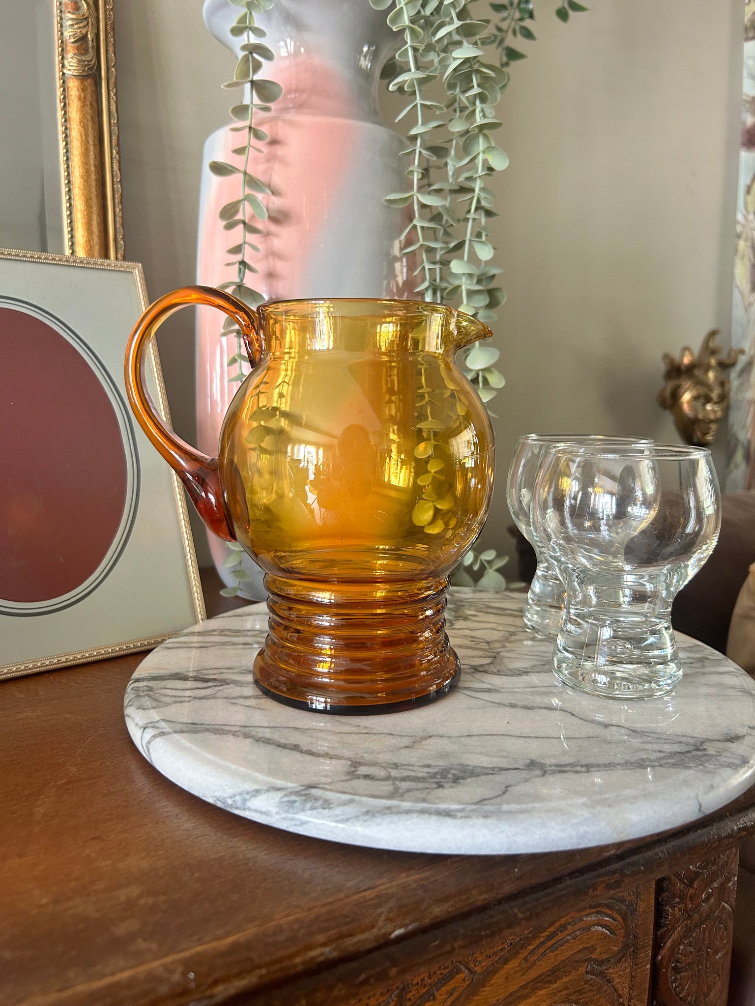 Waterkaraf art deco ribbel amber vintage