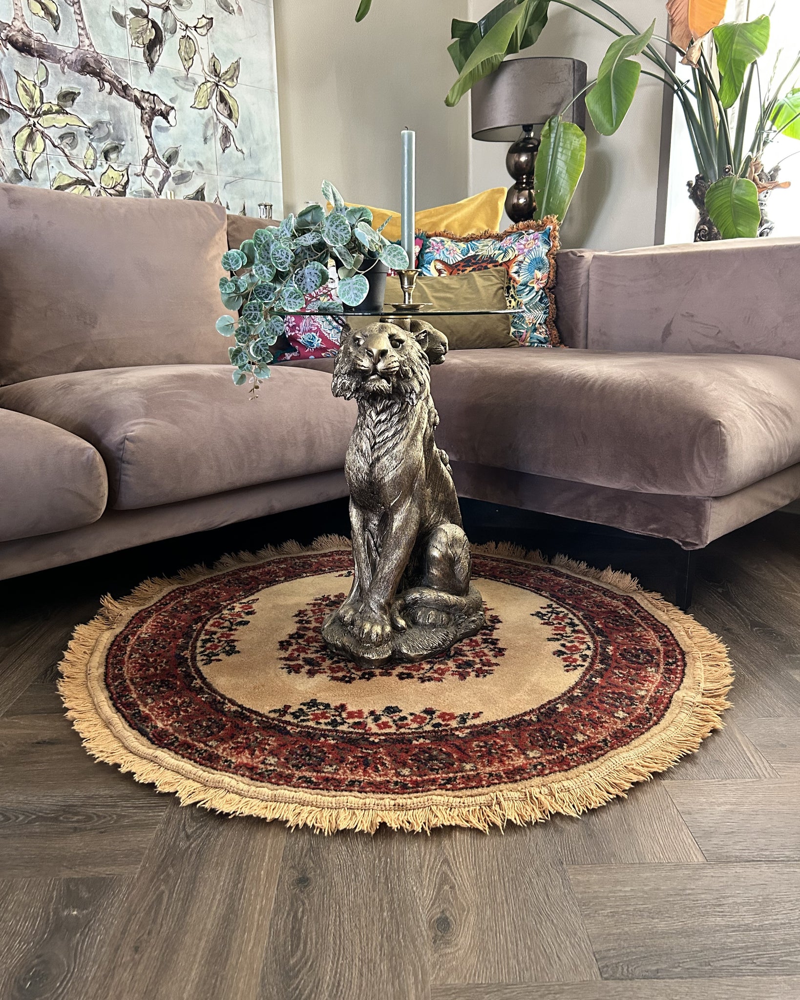 Vloerkleed beige/red persian look rond vintage