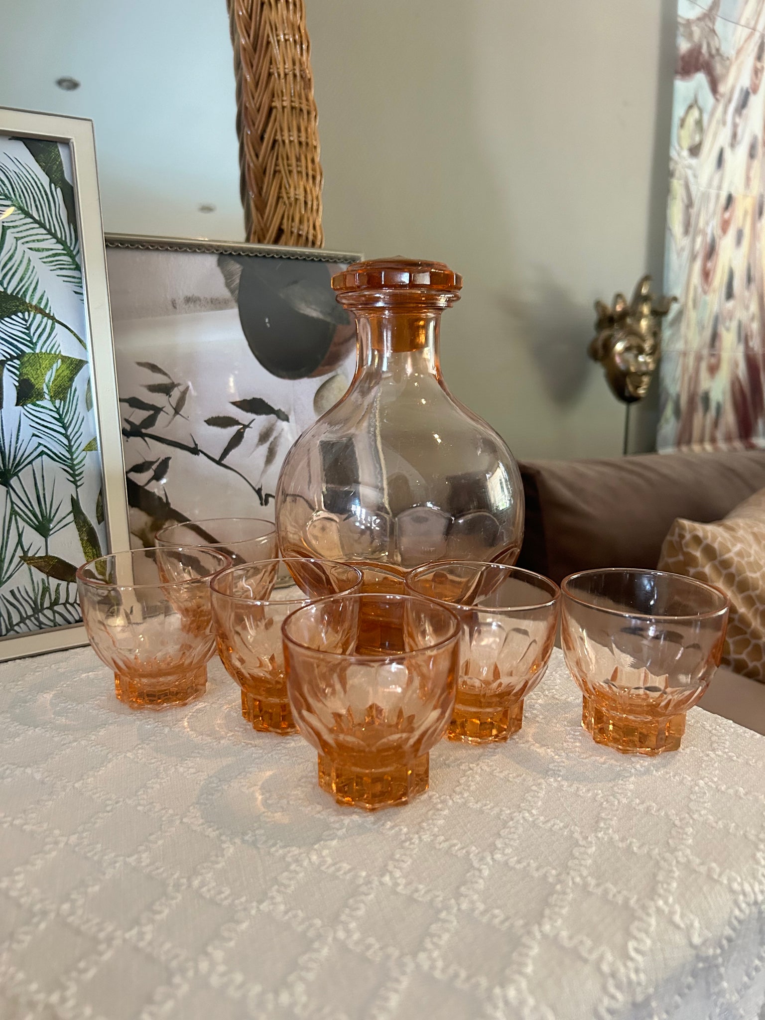 Likeurset roze persglas Luminarc France vintage